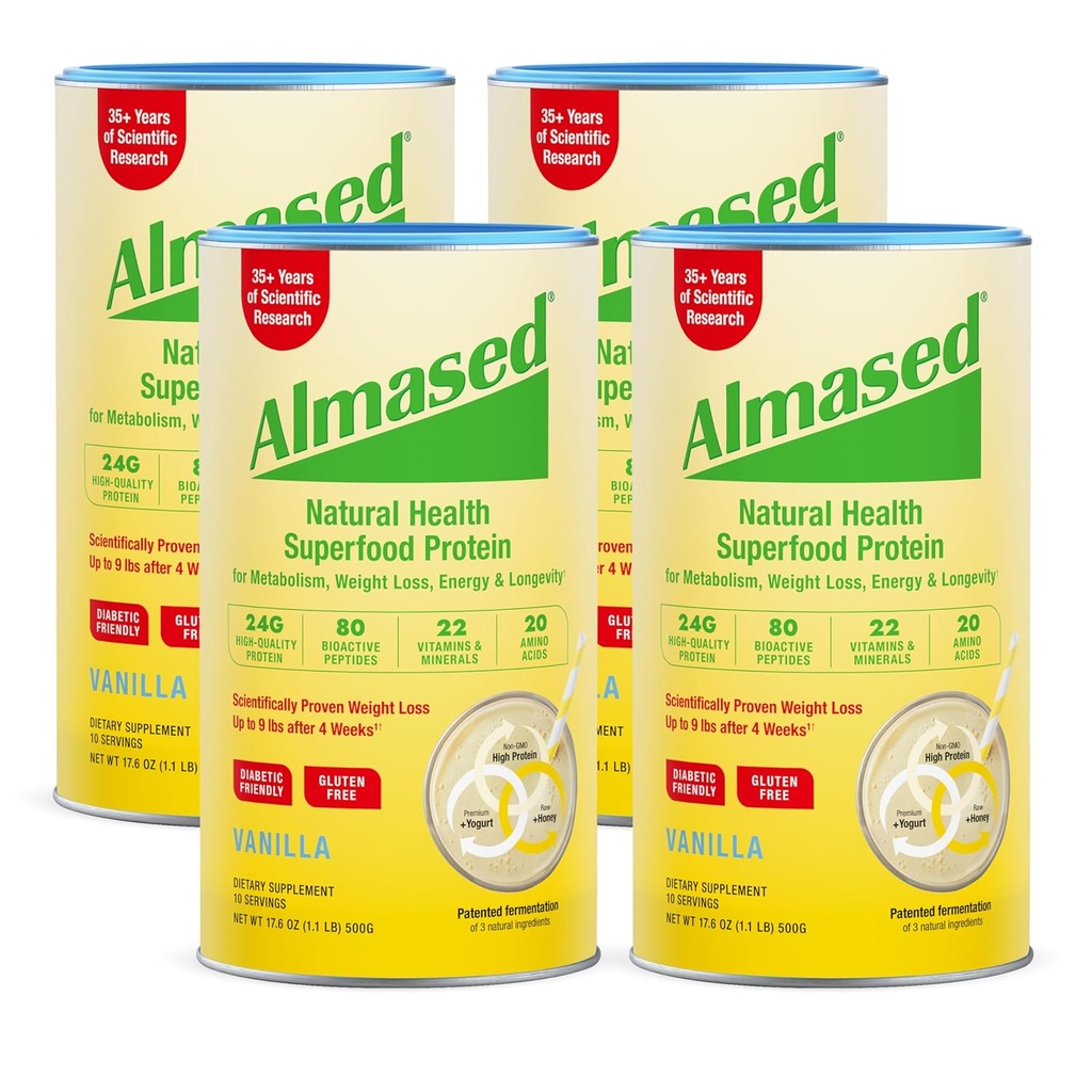 Afeitado de reemplazo de vainilla Almased - Base de planta alta de baja glucémica Proteína Powder- Nutricional Apoyo a la salud del peso Suplemento - Vanilla Flavor - 17.6 oz (1.1 libra (4 paquete)