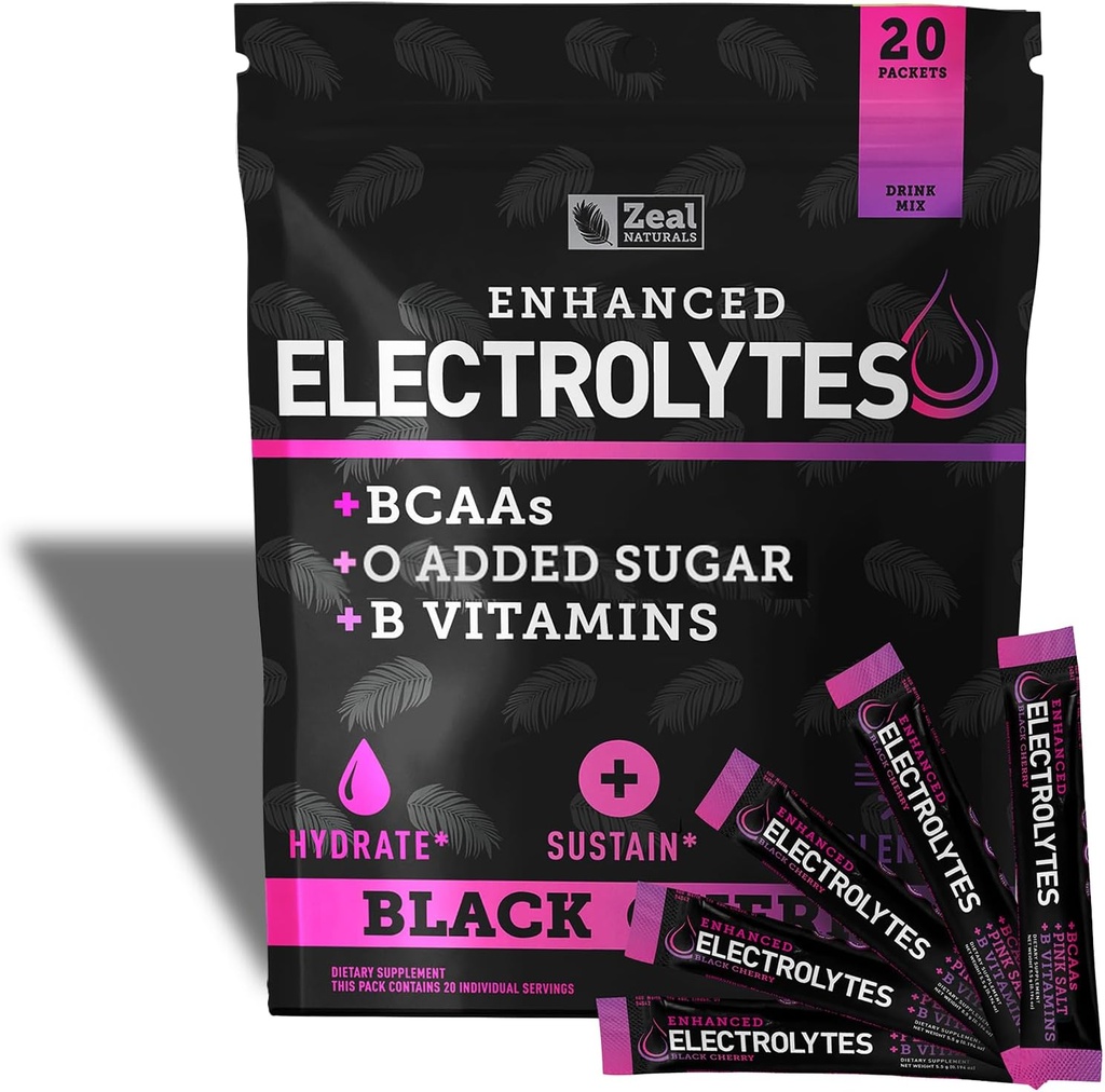 Enhanced Electrolyte Powder Stick Packs (Black Cherry tención 20 Packets) w / 0 Sugar +BCAAs +B-Vitamins Electrolyte Suplemento w Potassium Zinc &amp; Magnesium for Hydration - Keto Electrolytes