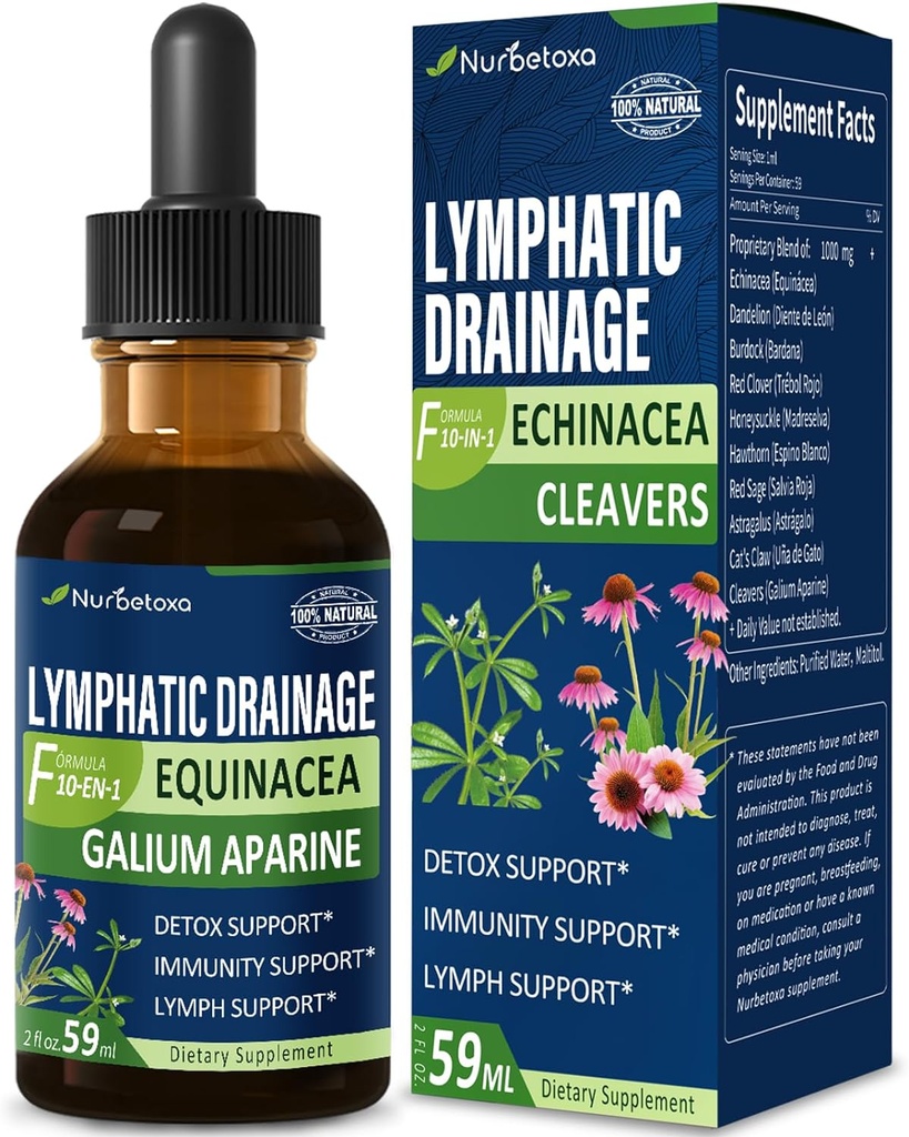 Cleavers Limphatic Drainage Drops for Lymph System Detox Cleanse, Lymphedema Support Supplement Formula w/Echinacea, Cat’s Claw, Red Clover Extract Tincture, Use with Lymph Massage Tool. 2oz
