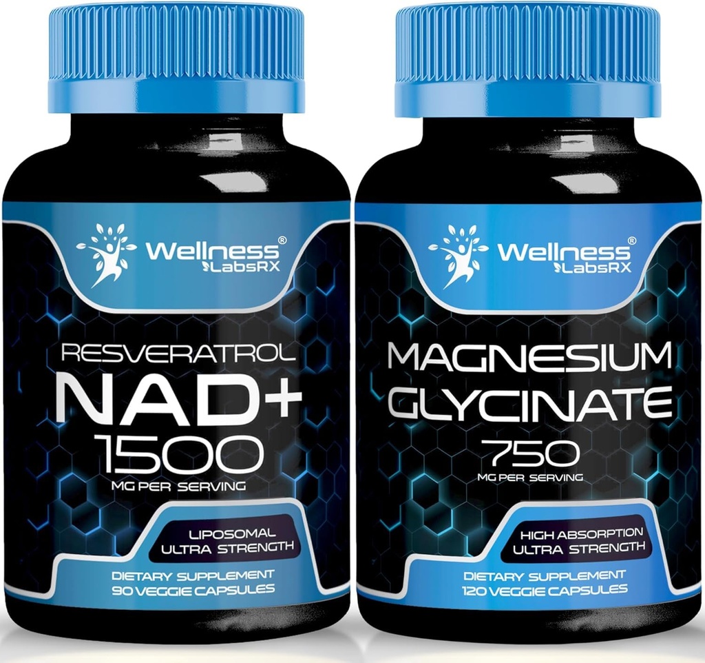 Magnesium Glycinate Capsules - 750mg - Magnesium Supplement │ NAD Supplement, 1500mg - Liposomal NAD+ Supplement with Resveratrol | Bundle
