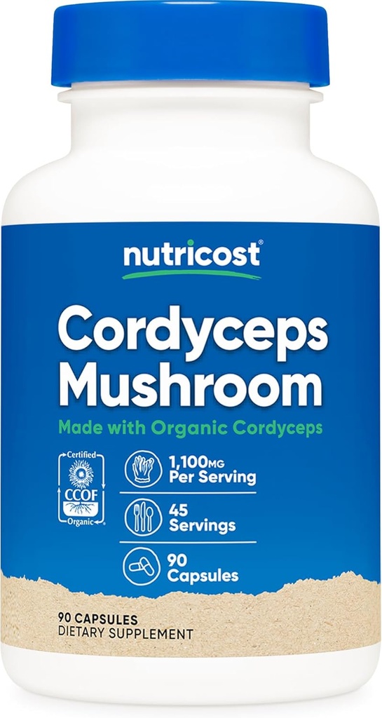 Nutricost Cordyceps Mushroom Capsules 1100mg, 45 Serv - CCOF Certified Made with Organic, Vegetarian, Gluten Free, 550mg Por Capsule (90 Capsules)