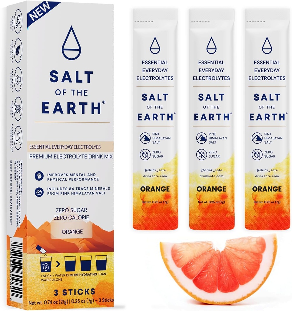 Salt of the Earth Premium Zero-Sugar Electrolyte - Made with Pink Himalayan Salt - Hydration Powder Packets ← Ingredientes Premium TEN Keto & Paleo Friendly TEN 3 Sticks, Orange
