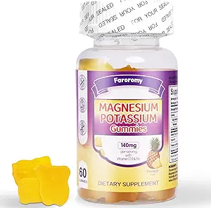 FaroromyPotassium Magnesium Gummies, Sugar-Free Magnesium Glycinate Supplement, Supports Leg Comfort, Muscle Function & Heart Health, Non-GMO, Pineapple Flavor, 60 Count