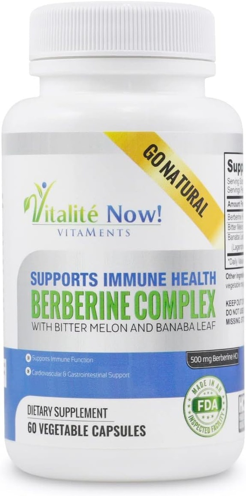 High Strength Berberine 500mg + Bitter Melon & Banaba - Immune System Health - Cardiovascular & Gastrointestinal Support - 60 cápsulas vegetarianas