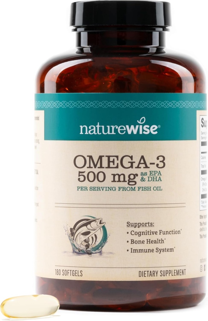 NatureWise Omega 3 Fish Oil - 500 mg por Pill - EPA & DHA - Immune Support, Brain Health &amp; Optimal Wellness - Gluten and Soy Free, Non-GMO - 180 Softgels[6-Month Supply]