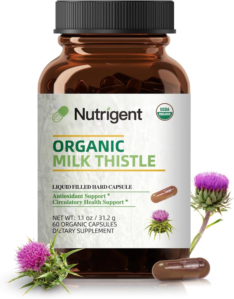 USDA Organic Milk Thistle Supplement 25:1 Extract, 8750 mg Strength, Silymarin Supplement 280 mg, Liquid Organic Capsules, Liver Health " Detox Support, Non-GMO, 60 Count
