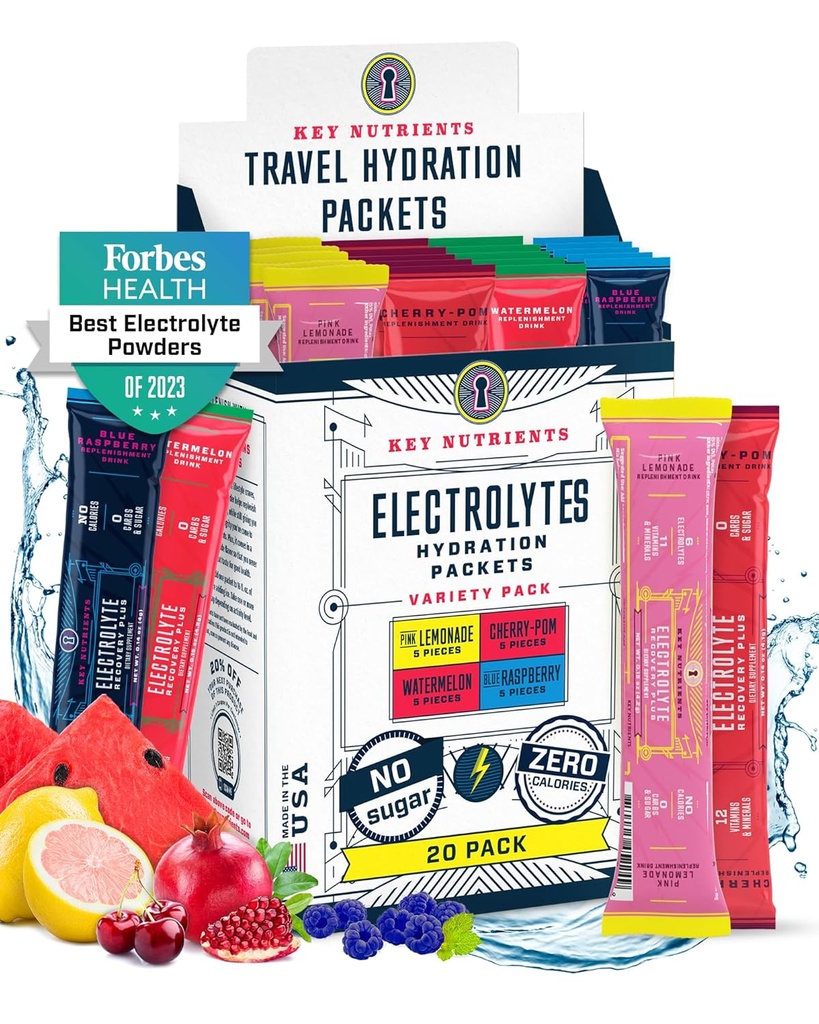 KEY NUTRIENTS Electrolytes Powder Packets No Sugar - 4 Delicious Flavors in Hydration Packets 20 Pack - Sin Calories, Gluten Free Electrolytes Powder Packets - Keto Friendly, Non GMO, Made in USA