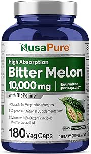 NusaPure Bitter Melon Extracto 10.000 mg 180 Vegan Caps (100% Vegetariano, No GMO, Libre de gluten, 10% Bitter Principles) Bioperina