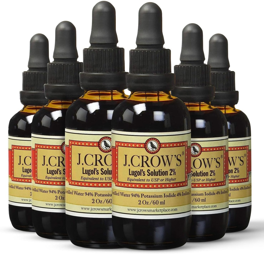 J.CROW'S® Lugol's Solution of Iodine 2% 2 oz (6 Botellas) – Iodide Premium de Iodo de Potasio Líquido, Gluten " , Extracto libre de alcohol, No Expiration