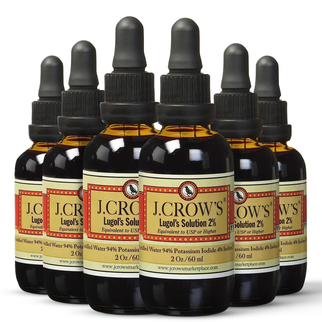 J.CROW'S® Lugol's Solution of Iodine 2% 2 oz (6 Botellas) – Iodide Premium de Iodo de Potasio Líquido, Gluten " , Extracto libre de alcohol, No Expiration