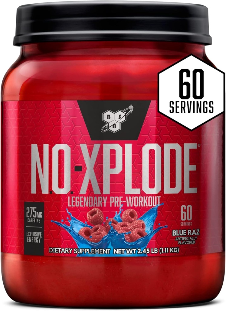 BSN N.O.-XPLODE Pre Workout Powder, Energy Supplement for Hombres and Women with Creatine and Beta-Alanine, Flavor: Blue Raz, 60 Servings
