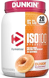 Dymatize x Dunkin' Glazed Donut ISO100 Whey Protein Powder, 25g of Protein, 5.5g BCAAs, 120 Cal., Gluten Free, 1g Fat, 1g Sugar, 2g Carb (20 Servings)