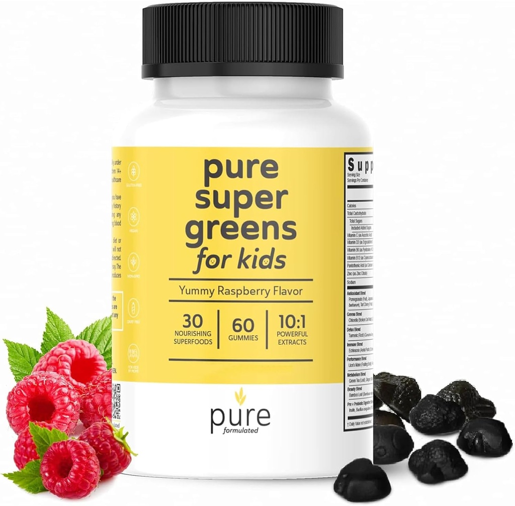 Super Greens Multivitamin Gummies for Adult &amp; Kids Immune Support & Digestive Health - Daily Fiber Probiotic Supplement Fruit & Veggie Chewable Gummy - Raspberry Flavor - 60-Day Supply