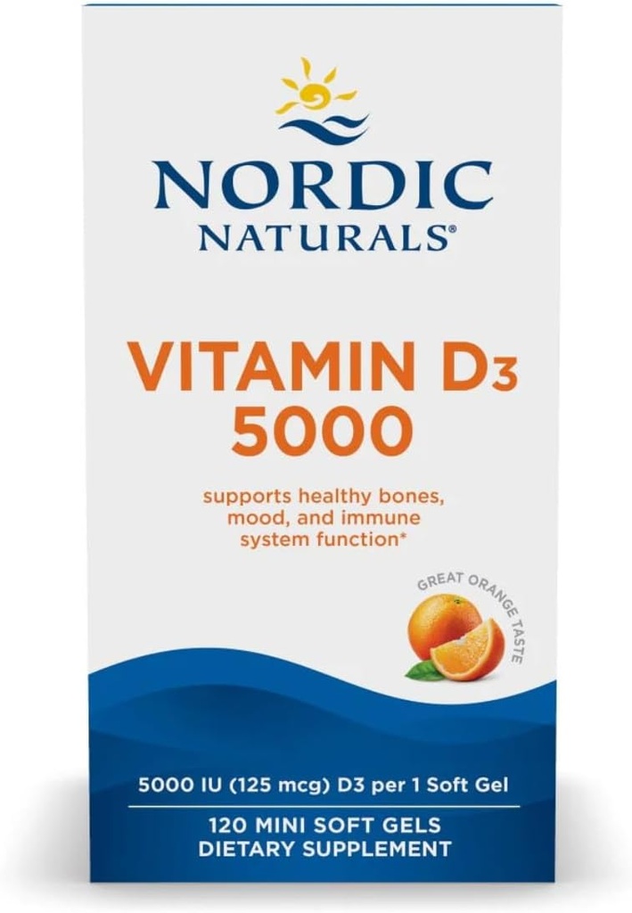 Naturales nórdicos Vitamina D3 5000, Naranja - 120 Mini geles blandos - 5000 UI Vitamina D3 - Soportes Huesos saludables, Mood &amp; Immune Función del sistema - No GMO - 120 Servimientos