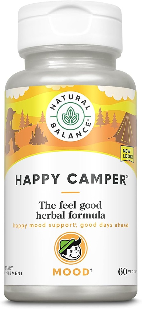 Natural Balance Happy Camper - Feel-Good Mood Support Supplement - Gotu Kola, Passion Flower, and Kava Kava Capsules - Garantía de 60 días (30 Servimientos, 60 VegCaps)