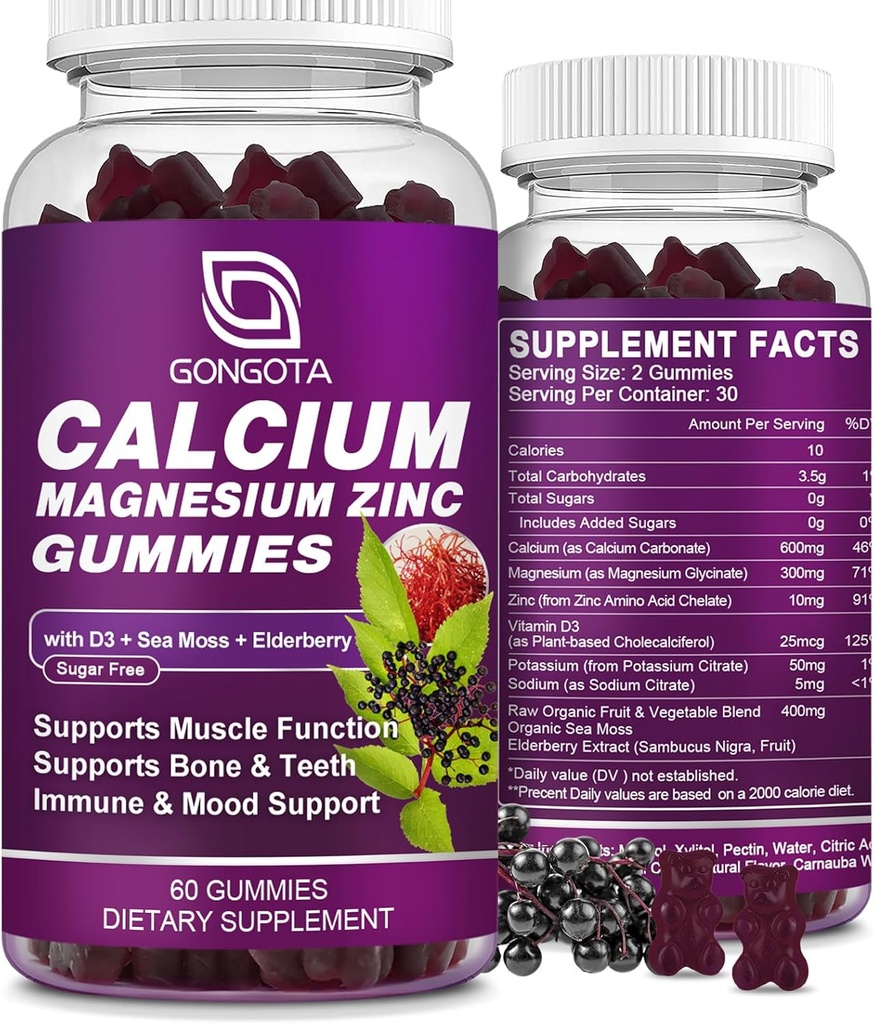 Calcio Magnesio Zinc con Vitamina D3 Suplemento, Altamente Absorbent Calcio Gummies con 300 mg Magnesio Glycinate Soporte Hueso &amp; Dientes, Musculo para Adultos y Adolescentes,Sugar Gratis, Vegan - 60 Condes