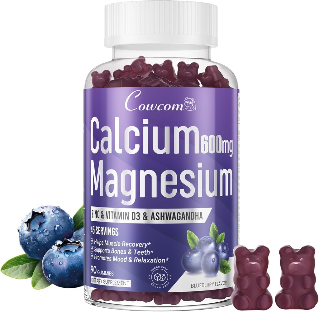 Calcio Magnesio Zinc Gummies &amp; Vitamina D3,B6,B12,Inmune &amp; Supporting Bone Health Calcium Magnesium Supplement for Women Men,Sugar-Free Vegan Blueberry Flavored 90 Condes