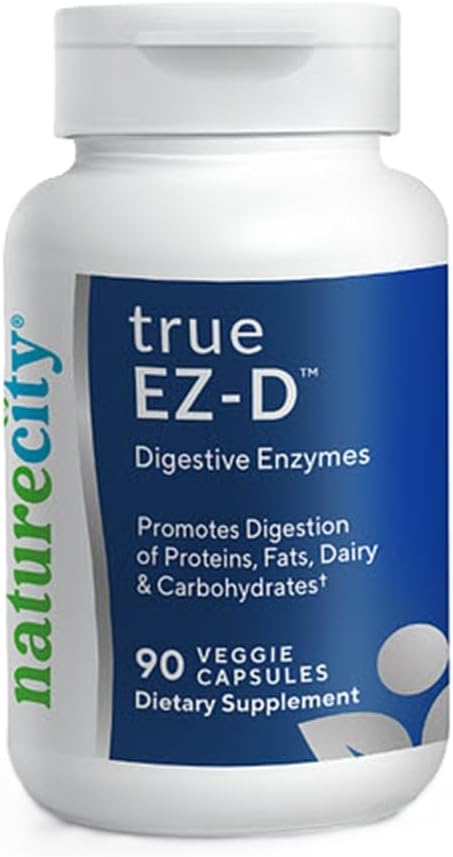 NatureCity True-EZ-D Non-GMO Digestive Enzyme Complex Supplement for Digestive Health and Bloating Relief for Hombre and Women (90 Veggie Capsules) Super Enzymes