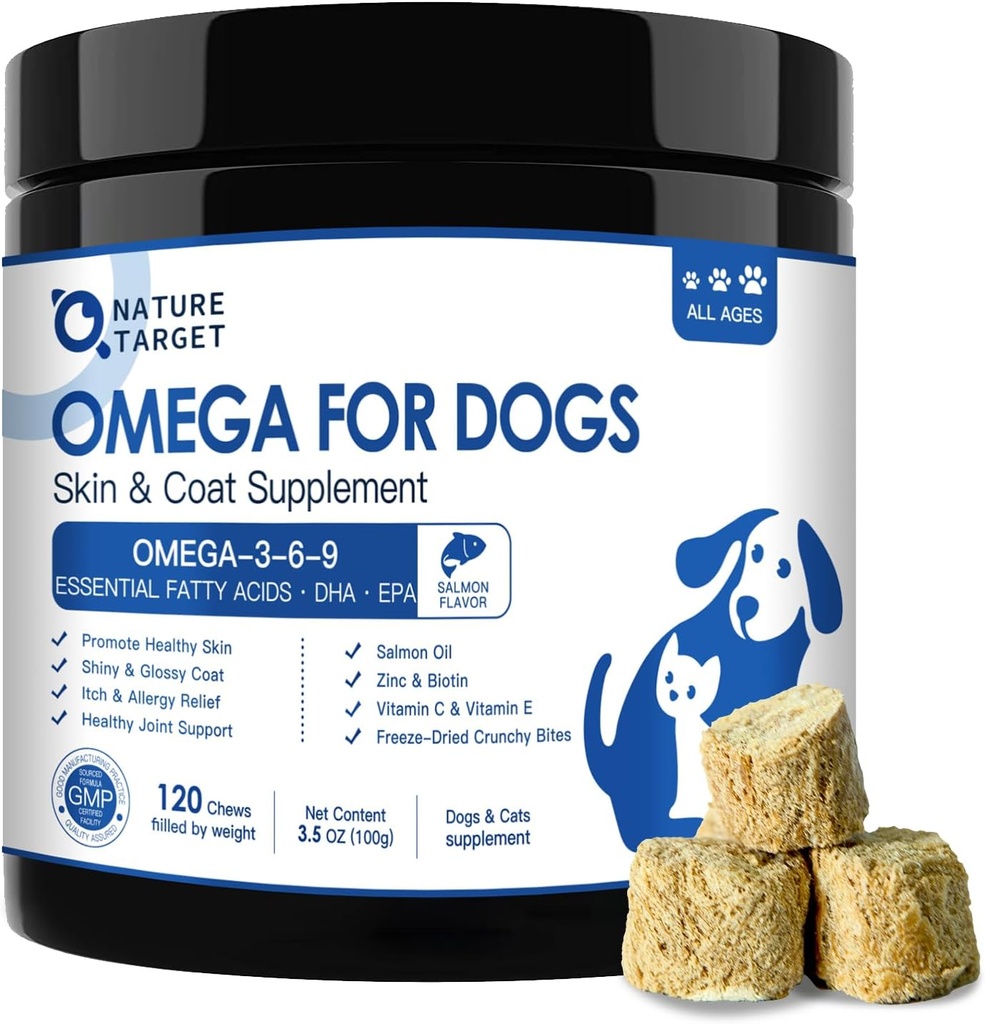 NATURE TARGET Omega 3 Fish Oil for Dogs, Salmon Oil for Skin & Coat Supplement with EPA & DHA Fatty Acids - Dog Itch & Alivio de Alergia, Anti Shedding, Hot Spots Treatment - Hip &amp; Joint Support - 120ct