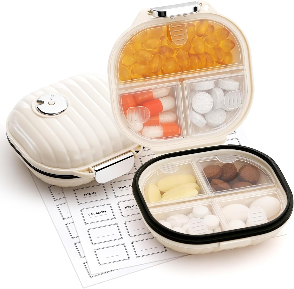 Zannaki Caja de Pill Portable Pequeño Organizador Semanal de Pill, Cute Moisture Proof Pill Box Holder para bolsa de bolsillo, Daily Mini Pocket Pharmacy Medicine Container for Vitamin, Fish Oil, Suplemento