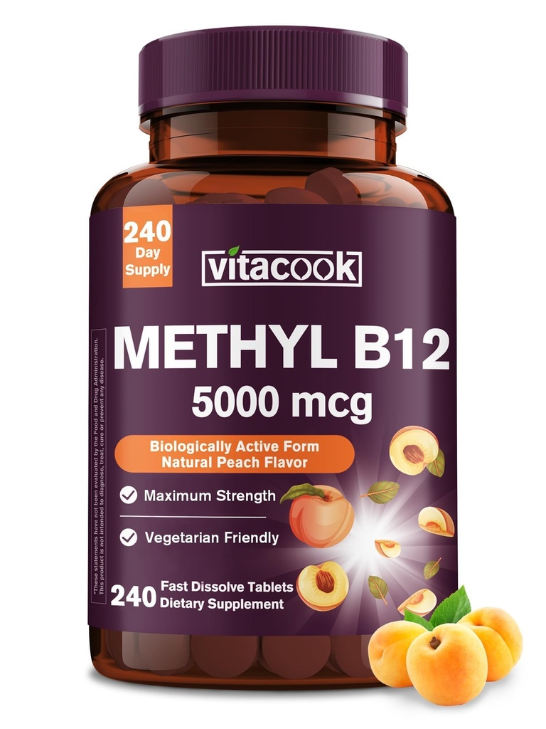 Vitamin B12 Sublingual, Methylcobalamin 5000mcg for Energy Production, Energy, Nerve & Cell Support, Natural Peach Flavor, Vegan, Zero Sugar, 240 Fast Dissolve Tablets