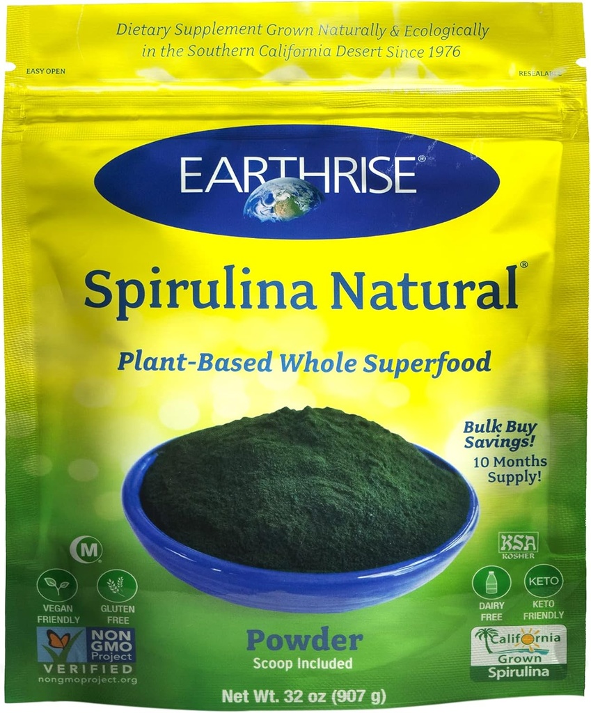 Earthrise Spirulina Natural Powder 32oz, Natural Premium Spirulina de California- Vegan, Gluten Free, Keto Friendly, Non -GMO Super Food high in Vitamins & Minerals. (2 LB)