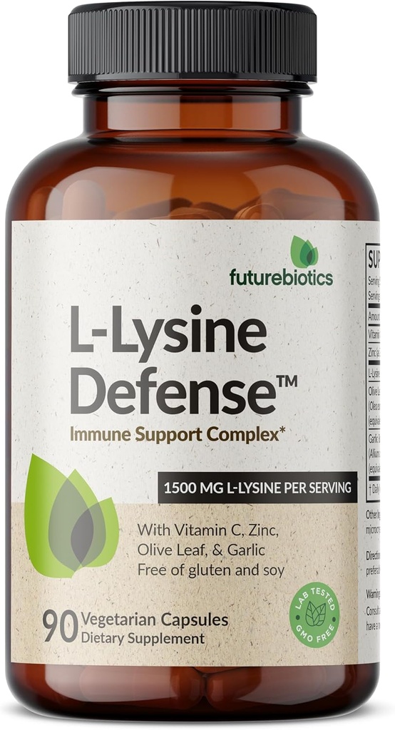 Futurebiotics L-Lysine Defense Immune Support Complex 1500 MG Por Serving with Vitamin C, Zinc, Olive Leaf & Garlic - Non-GMO, 90 Vegetarian Capsules