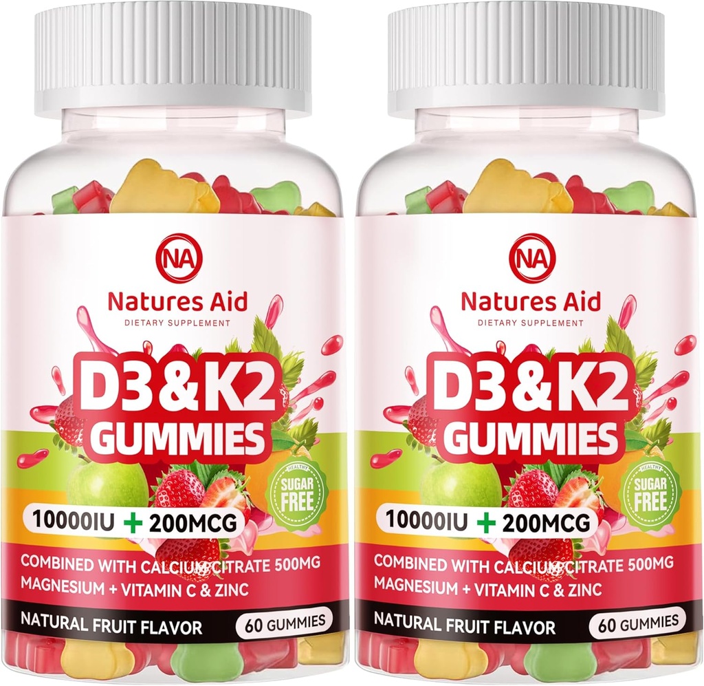Natures Aid Vitamina libre de azúcar D3 K2 Gummies con Calcio + K2 (MK-7), Citrato de Magnesio, Vitamina C, Extra Strength - Ultimate Absorption for Bone Muscle Teeth Immune, Vegan - 120 Gummies