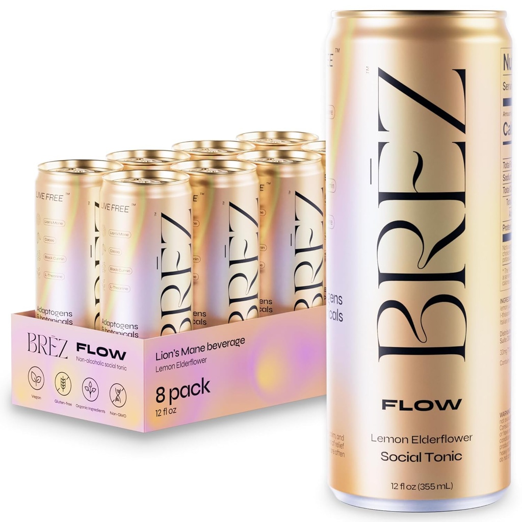 BREZ FLOW Bebida de Mushroom Mane Lion, 8-Pack, No Infundida, Adaptógenos, Alivio, Levantamiento y Social, Sparkling Lemon Elderflower Tonic 12 Fl oz