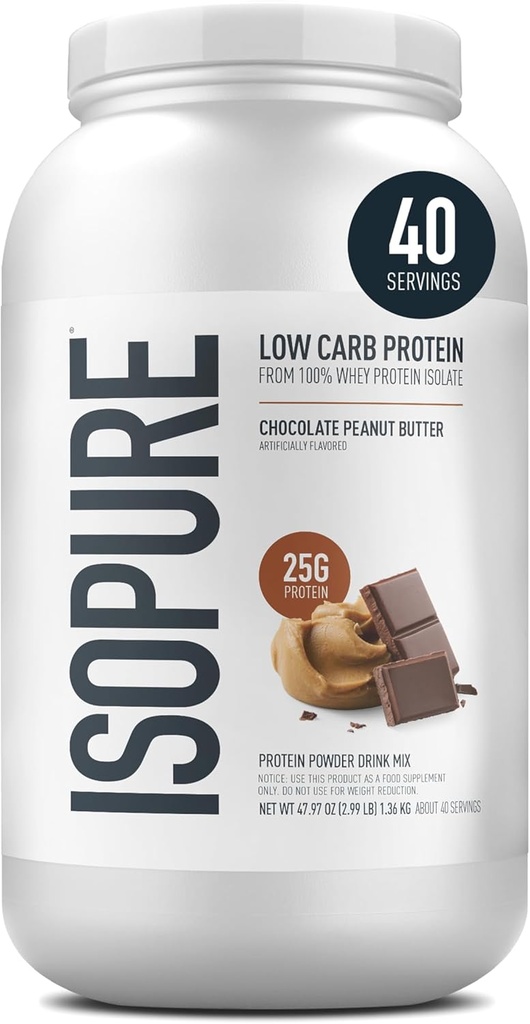 Isopure Low Carb 100% Pure Whey Isolate Protein Powder, Lactose Free, Gluten Free, With Vitamins, Chocolate Peanut Butter, 25g Protein Por Serving, 3 Lbs, 40 Servings (Packaging May Vary)