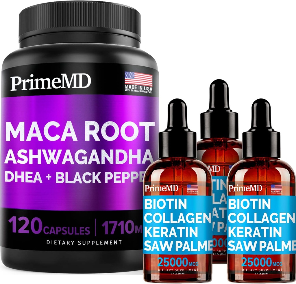 4-in-1 Liquid Biotin Collagen Keratin Saw Palmetto Drops (2 fl oz - 3 Pack) & 6-in-1 Maca Root Ashwagandha w Black Pepper Fruit (120ct) Bundle - Hair, Skin, Nails, Energy &amp; Mood Support Supplement