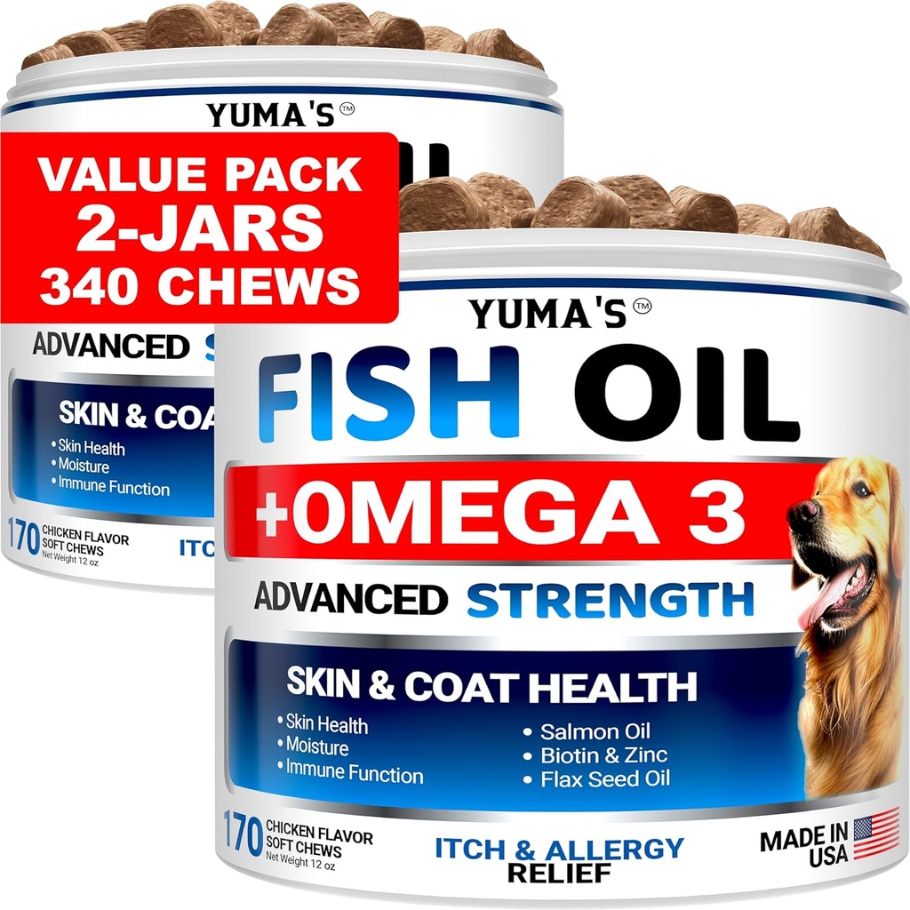 (2 Pack) Omega 3 Fish Oil for Dogs - 170 Chews - Skin and Coat Supplement - Omega 3 for Dogs - Tratamiento de la piel seca y picante - Alivio de la alergia Dog Anti Shedding Treats - Salmon - Chicken Flavor