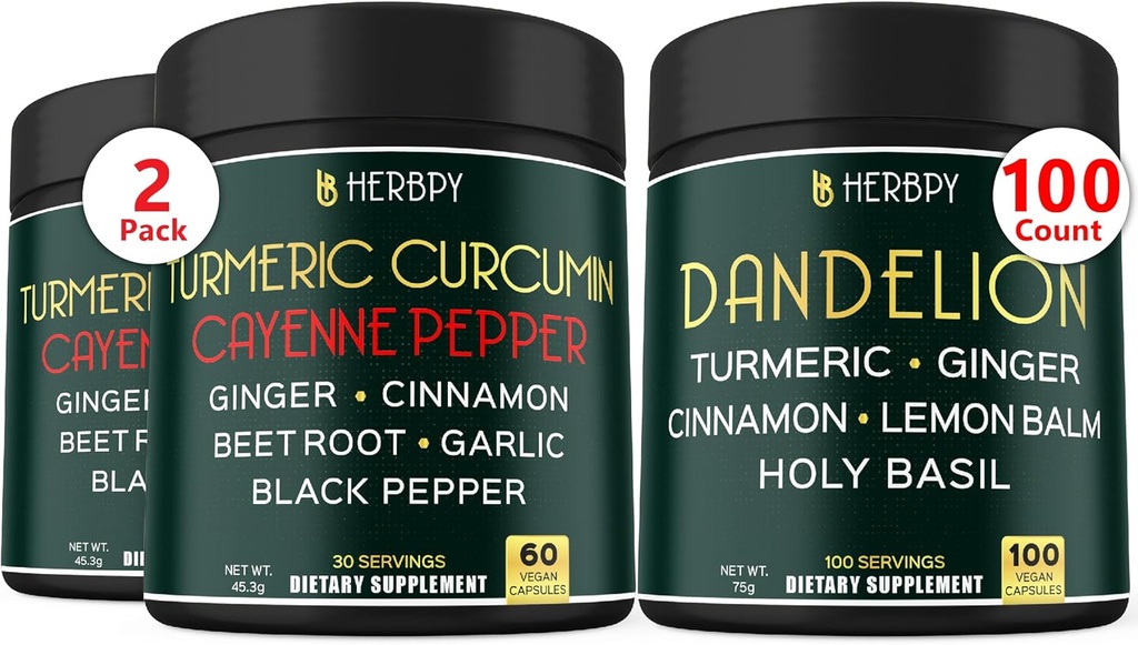 Bundle 7in1 Turmeric Curcumin & 6in1 Dandelion Supplement - Support Heart, Digestion Health and Immune System
