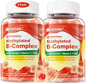 Mujeres &amp; Hombres Super vitamina B Complejo llenos Gummies, Methylated w/Omega 3, Magnesium,CoQ10, Ashwagandha,Vitamin C, TMG, Sugar Free - 60 Conde (Pack of 2)