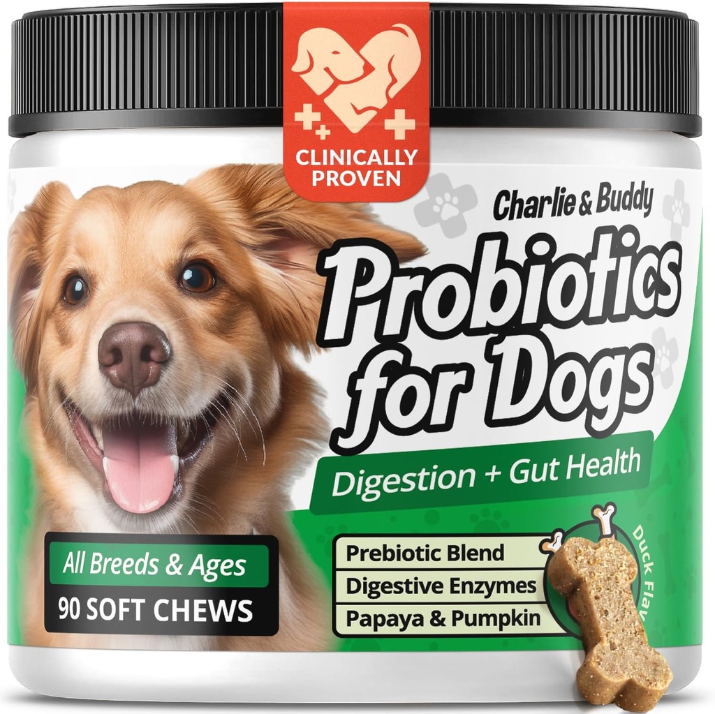 Charlie &amp; Buddy Pet Probiotics for Dogs Aid Gut Flora, Dog Probiotics for Digestive Health with Digestive Enzymes, Pumpkin, and Papaya for Upset Stomach, 90 Soft Probiotic Chews for Dogs, Duck Flavor