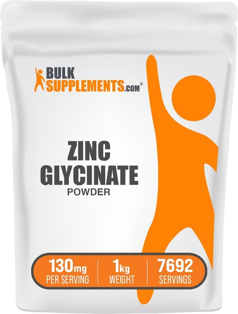 BulkSupplements.com Zinc Glycinate Powder - Zinc Supplement, Mineral Supplement for Immune Support - Gluten Free, 130mg per Serving, 1kg (2.2 lbs) (Pack of 1)
