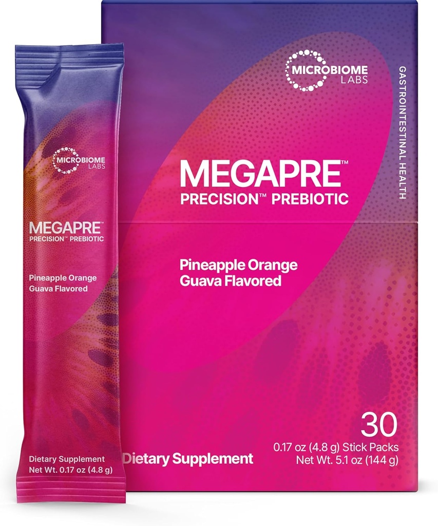 Microbiome Labs MegaPrebiotic Fiber Powder para Mujer, Hombres &amp; Niños - Pre-Dosed Prebiotic Fiber Supplement Powder with Clinically Tested Oligosaccharides - Pineapple Orange Guava (30 Packets de Bebida)