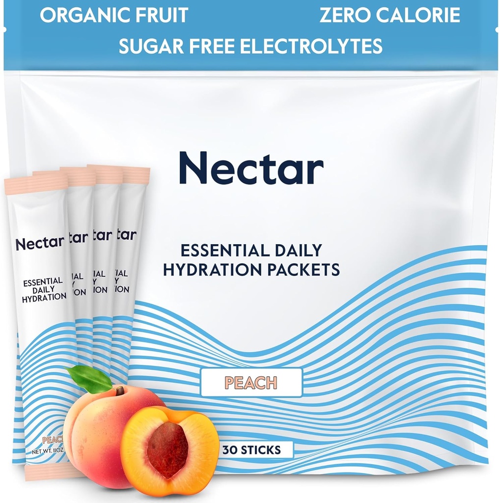 Embalajes de hidratación Nectar - Electrolitos Embalajes de polvo - Sugar Gratis > 0 Calorie - Electrolitos de fruta orgánica líquido diario IV Polvo para alivio de la deshidratación & rehidratación rápida (Peach 30 Pack)