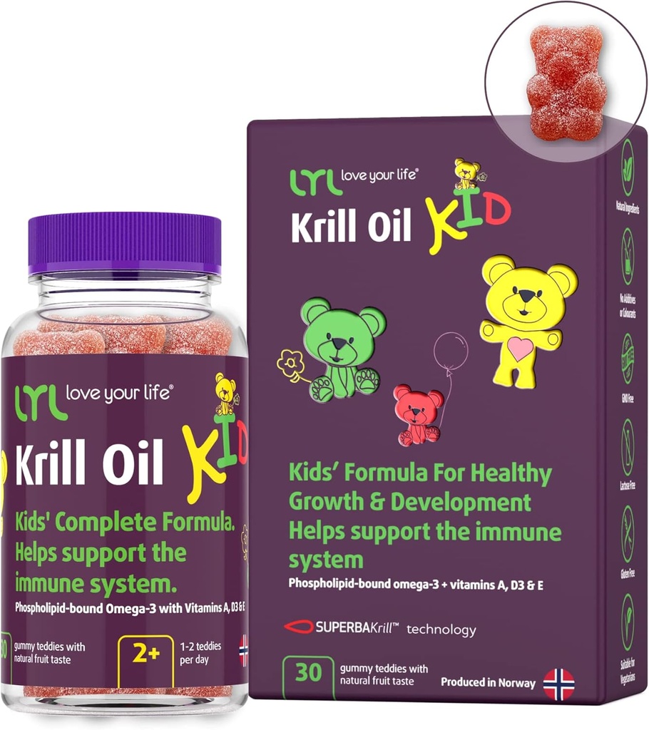 LYL Krill Oil Kid Gummy Bears with Vitamin D 3, Vitamin E and Vitamin A - phospholipid-Bound Omega 3 for Healthy Growth & Development - Gummy Bears with Orange, Apple & Raspberries Taste (Pack of 30)