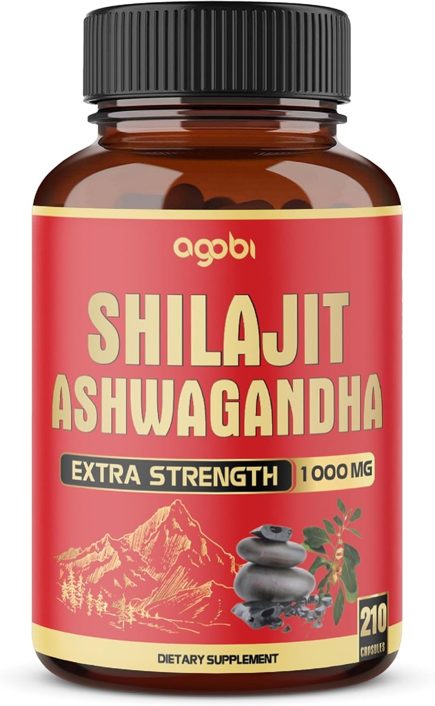 agobi 210 Capsules - 600mg Shilajit Supplement with 400mg Organic Ashwagandha Root - Shilajit Pure Himalayan Organic for Energy Production, Immune System Brain Health, Focus & Concentration