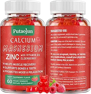 TEN High Absorption Calcium Magnesium Zinc Gummies, Sugar Free Calcium Magnesium Zinc Supplement with D3 ← Bone & Teeth Strength ← Muscle & Nerve Función  Vegan ← Raspberry Flavor ← 1 Pack