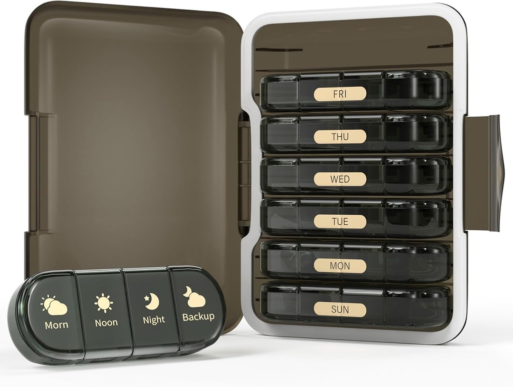 Organizador semanal de píldoras 4 veces al día, 7 Day Pill Box 4X, Portable for Travel Pills/Vitamin/Fish Oil/Medication/Supplements (4x7 Black)