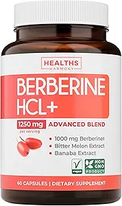 Suplemento de bereberina (No-GMO " Vegetariano) Berberine HCL Plus Bitter Melon " Banaba Leaf Extract Capsules - Berberine 500mg Cada uno, 1000mg Por Serve - AMPK Metabolic Activator - 60 caps (No Pills)