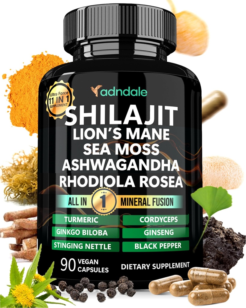Suplemento de Adndale Shilajit. Puro Himalayan Shilajit orgánico para hombres y mujeres capsules con el Moss Mar Ashwagandha Rhodiola Rosea Lion’s Mane. 90 Conde