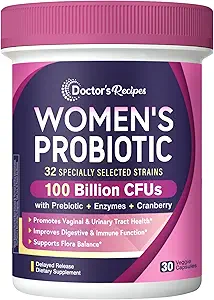 Recetas del médico Probióticos para Mujeres, 100 millones de francos CFU 32 Strains, con fibra prebiótica, enzimas & arándano, Vaginal Urinary Digestive & Immune, No Yeast, Shelf Stable, Delayed Release, 30 caps