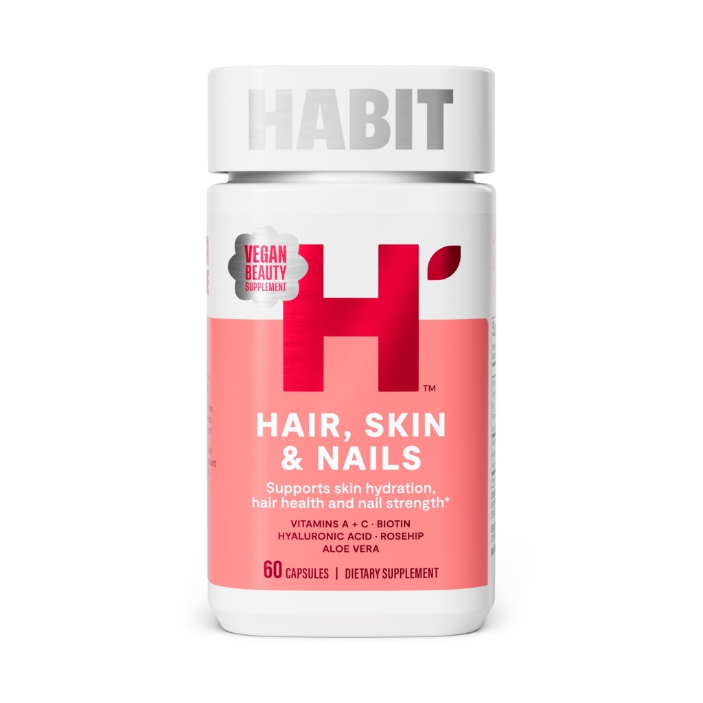 Habit Hair, Skin & Nails Supplement (60 Capsules) - New Look, Supports Skin Hydration, Hair & Nail Strength, Biotin 2000mcg, Vitamin A & C, Hyaluronic Acid, Rosehip, Vegan, Non-GMO (1 Pack)