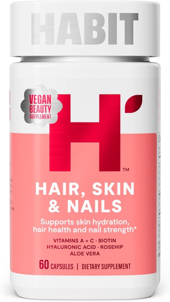 Habit Hair, Skin & Nails Supplement (60 Capsules) - New Look, Supports Skin Hydration, Hair & Nail Strength, Biotin 2000mcg, Vitamina A & C, Hyaluronic Acid, Rosehip, Vegan, Non-GMO (1 Pack)
