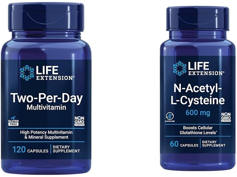 Ampliación de vida Multivitamina de dos por día, vitaminas B, C, D, zinc, 25 vitaminas, extractos de minerales, 120 cápsulas Bundle con N-Acetyl-L-Cysteine (NAC) 600 mg, 60 cápsulas