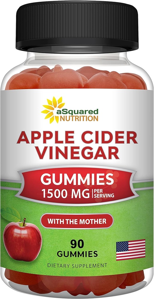 aSquared Nutrition Apple Cider Vinegar Gummies - 1500mg con The Mother - 90 ACV Gummies w/Vitamin B6 &amp; B12, Folic Acid - Vegan Gummy Suplemento alternativo a Capsules Pills & Drink