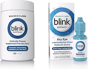 Blink GelTears Eye Drops for Dry Eyes, Gel Lubricating Eye Drops, Moisturizing &amp; Extra Long-Lasting Hydrating Eye Care + Blink NutriTears Clinically Proven Supplement for Dry Eyes, 50 Softgels
